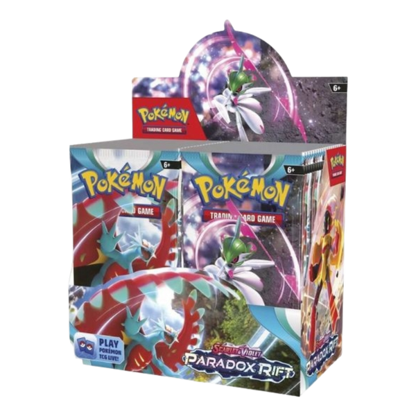 Caja de sobres Pokémon Escarlata y Púrpura Brecha Paradójica con ilustraciones de Iron Valiant y Roaring Moon.
