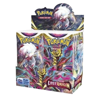 Caja de 36 sobres Pokémon Espada y Escudo Origen Perdido con diseño de Giratina y Zoroark de Hisui en tonos oscuros.