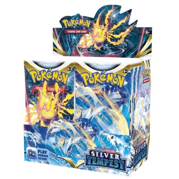 Caja de 36 sobres de cartas Pokémon Tempestad Plateada con diseño de Lugia y Regieleki en tonos azules y plateados.