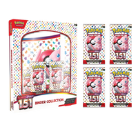 Álbum coleccionador Pokémon 151 con diseño de siluetas coloridas y cuatro sobres de cartas Escarlata y Púrpura.