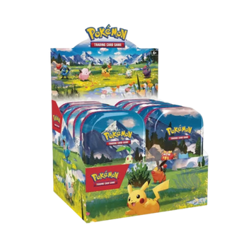 Expositor de 10 mini latas Pokémon Héroes Ascendentes con ilustraciones de paisajes montañosos y personajes coloridos.