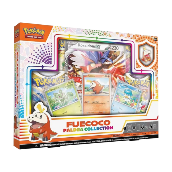 Caja de colección Pokémon TCG Paldea con cartas promocionales de Fuecoco, Sprigatito, Quaxly y un pin metálico.
