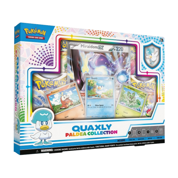 Caja Pokémon Paldea Collection con cartas promocionales de Quaxly, Fuecoco, Sprigatito y una carta gigante de Miraidon ex.