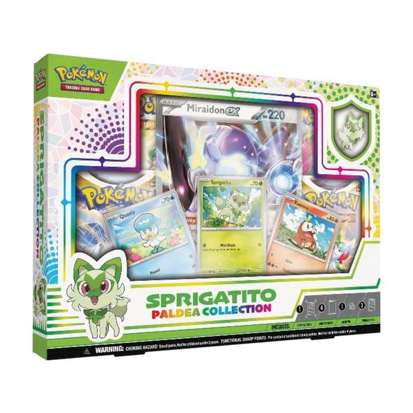 Caja de colección Pokémon Paldea con cartas promocionales, sobres, pin de Sprigatito y carta gigante de Miraidon ex.