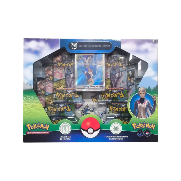 Caja de colección Pokémon GO Equipo Místico con carta promocional de Blanche, pin del emblema y seis paquetes de mejora.