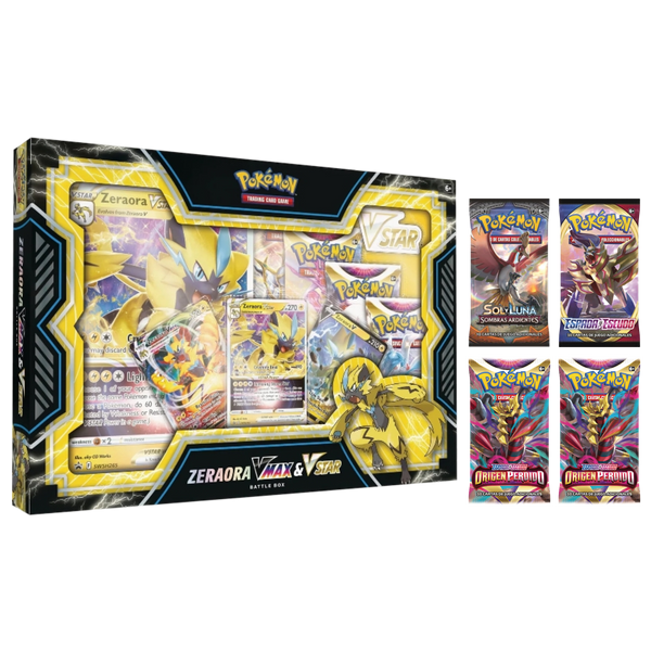 Caja de colección Zeraora VMAX y VSTAR con cartas brillantes, carta jumbo y cuatro sobres de mejora de JCC Pokémon.
