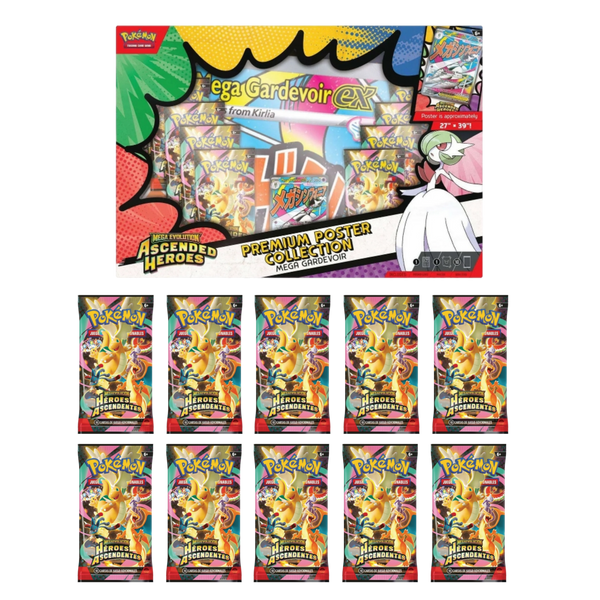 Caja Pokémon Premium Collection Mega Gardevoir con 10 sobres de Héroes Ascendentes, carta promocional y póster grande.