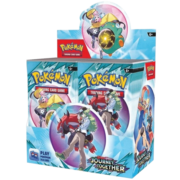 Caja de 36 sobres Pokémon Juntos de Aventura con diseño azul, personajes de Paldea y logo de Escarlata y Púrpura.