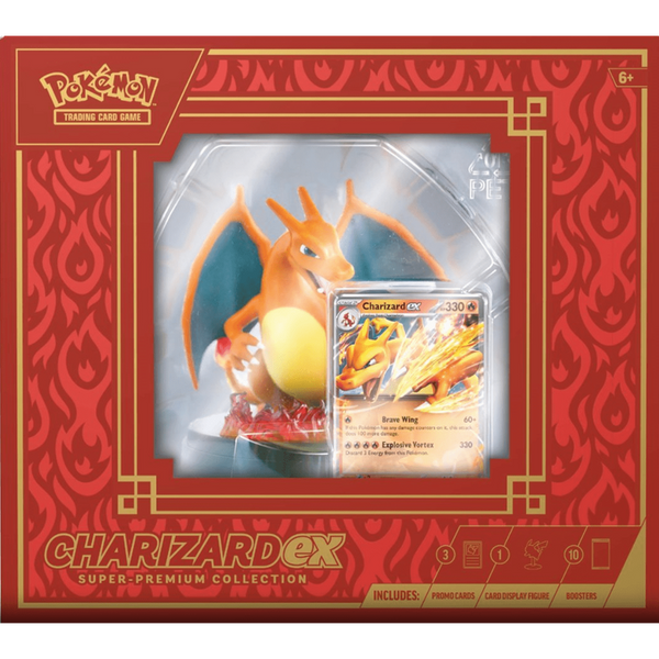 Caja roja Super Premium Collection de Pokémon con figura de Charizard, carta foil Charizard ex y 10 sobres de expansión.