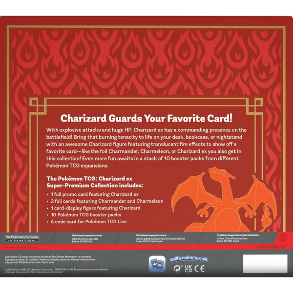 Parte trasera de la caja roja Super Premium Collection Charizard ex con diseño de llamas y detalles técnicos del producto.