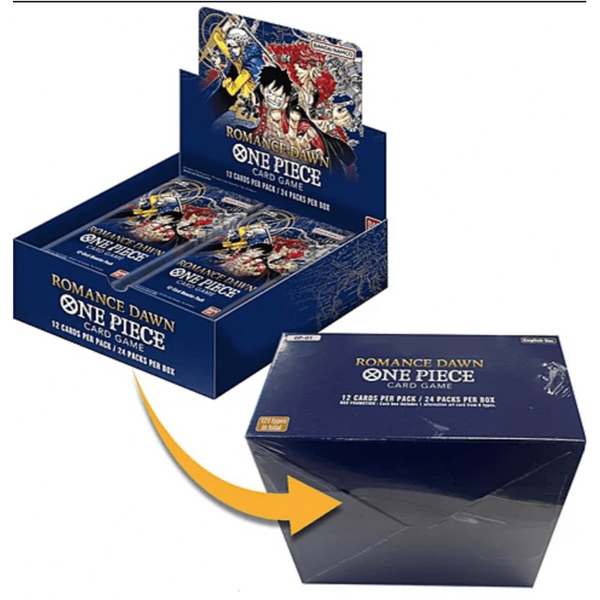 Caja de 24 sobres One Piece Romance Dawn OP-01 con diseño azul, ilustraciones de Luffy y logo oficial del juego de cartas.