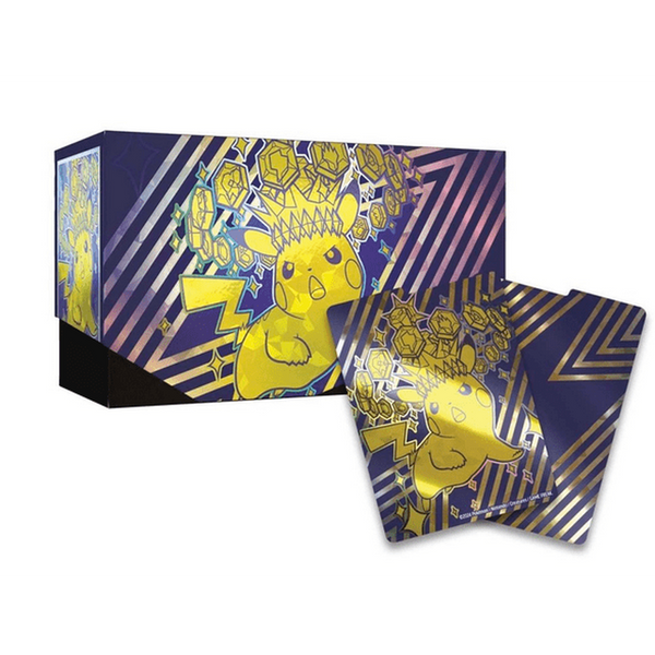 Caja de Entrenador Élite Chispas Fulgurantes con diseño de Pikachu en azul y dorado metálico y fundas para cartas a juego.