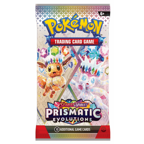 Sobre de cartas Pokémon Scarlet & Violet Prismatic Evolutions con diseño brillante de Eevee y Sylveon cristalizados.