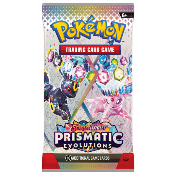 Sobre de cartas Pokémon Scarlet & Violet Prismatic Evolutions con diseño de Umbreon y Sylveon cristalinos.