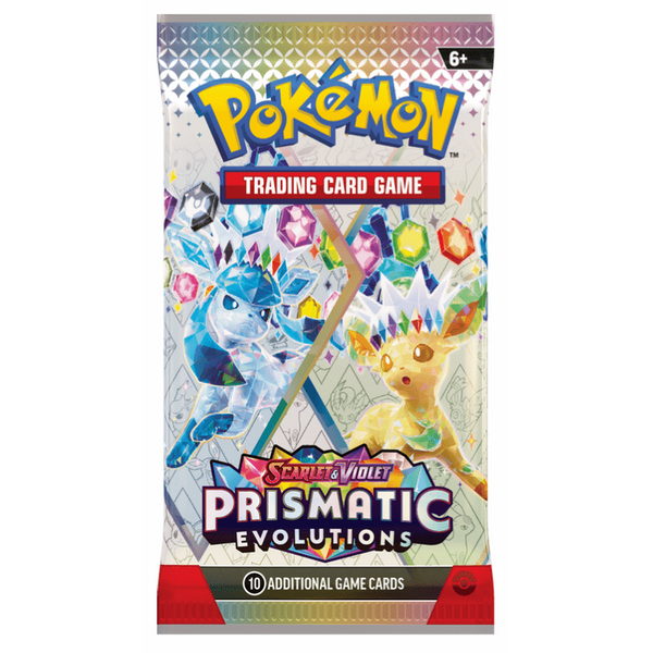 Sobre de cartas Pokémon Scarlet & Violet Prismatic Evolutions con diseño brillante de Glaceon y Leafeon sobre fondo colorido.