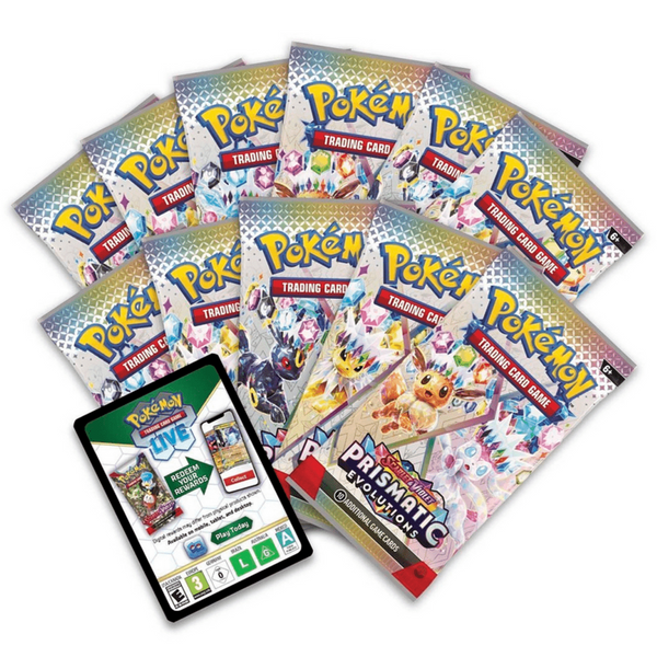 Nueve sobres de Pokémon Prismatic Evolutions con diseño prismático y una tarjeta de código para el juego digital.