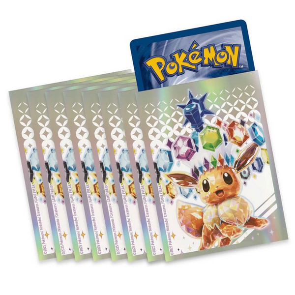 Fundas para cartas Pokémon Prismatic Evolutions con diseño brillante de Eevee rodeado de cristales de colores.