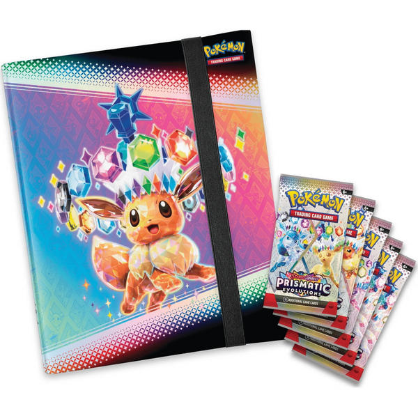 Álbum coleccionador Pokémon Prismatic Evolutions con diseño de Eevee cristalino y cinco sobres de cartas TCG incluidos.