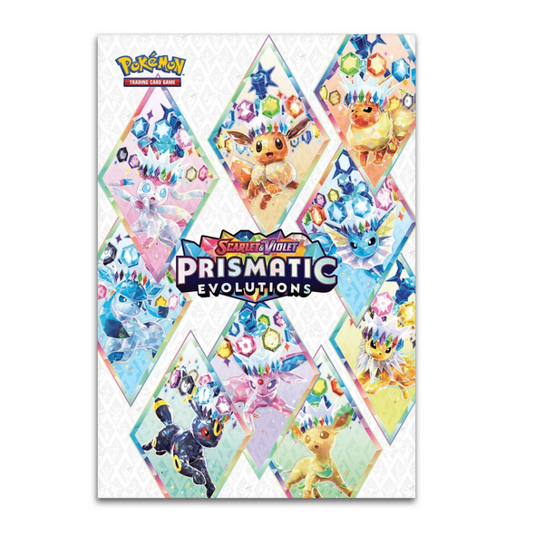 Caja de póster Pokémon Prismatic Evolutions con ilustraciones coloridas de Eevee y sus evoluciones en marcos de diamantes.