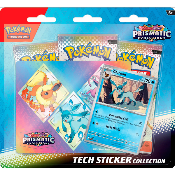 Blíster Pokémon Evoluciones Prismáticas con 3 sobres, carta promocional de Glaceon y pegatina decorativa en empaque colorido.