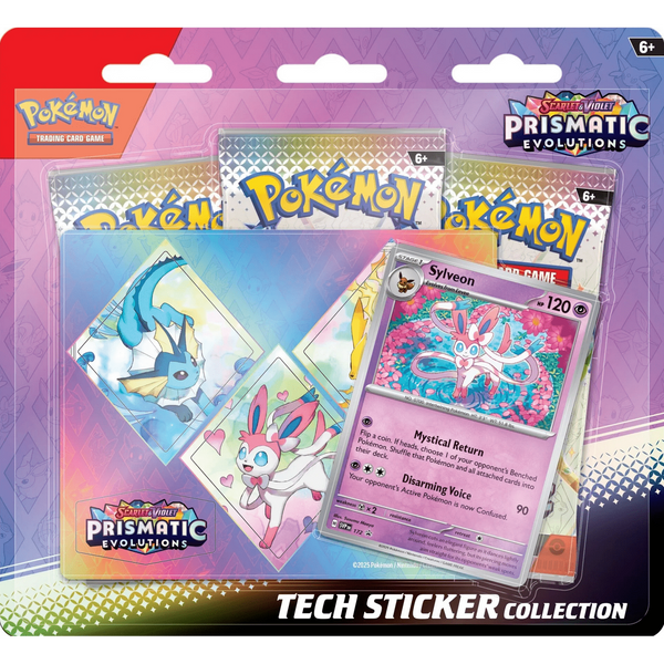 Blíster Pokémon Prismatic Evolutions con 3 sobres, carta promocional de Sylveon y pegatina decorativa en empaque colorido.