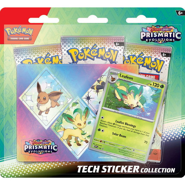 Blíster Pokémon Prismatic Evolutions con 3 sobres, carta promocional de Leafeon y pegatinas de Eevee en empaque colorido.