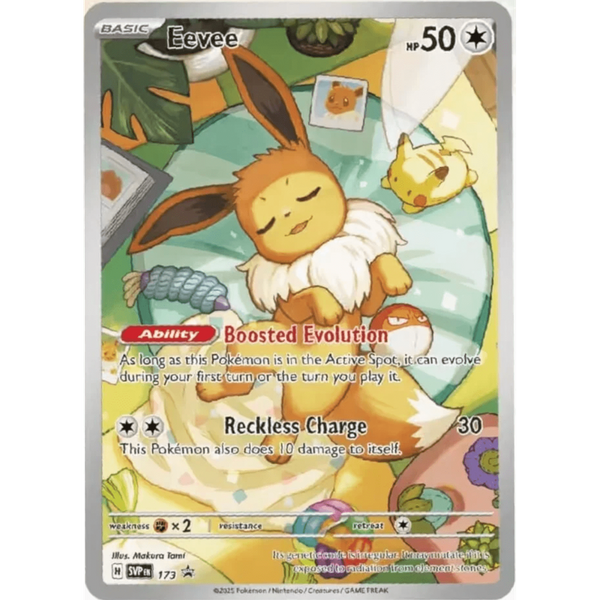 Carta Pokémon Eevee de Evoluciones Prismáticas con arte completo que muestra al Pokémon durmiendo sobre un cojín verde.