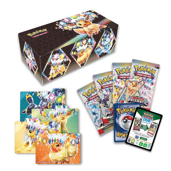 Caja de almacenamiento Pokémon Prismatic Evolutions con cuatro sobres, divisores ilustrados de Eevee y código TCG Live.