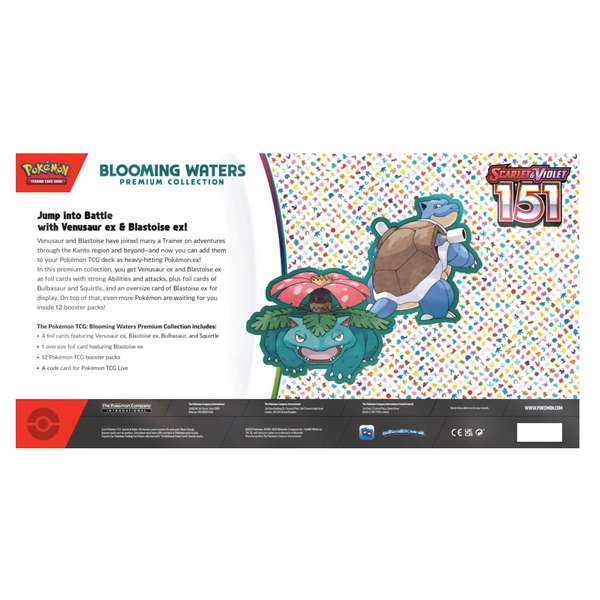 Caja de Pokémon 151 Blooming Waters con ilustraciones de Venusaur y Blastoise sobre un fondo blanco con iconos coloridos.