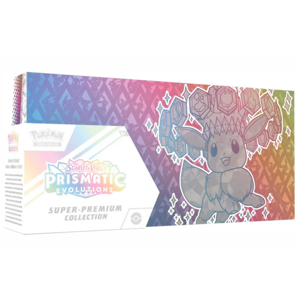 Caja Pokémon Prismatic Evolutions Super Premium Collection con diseño colorido de Eevee y patrones geométricos brillantes.