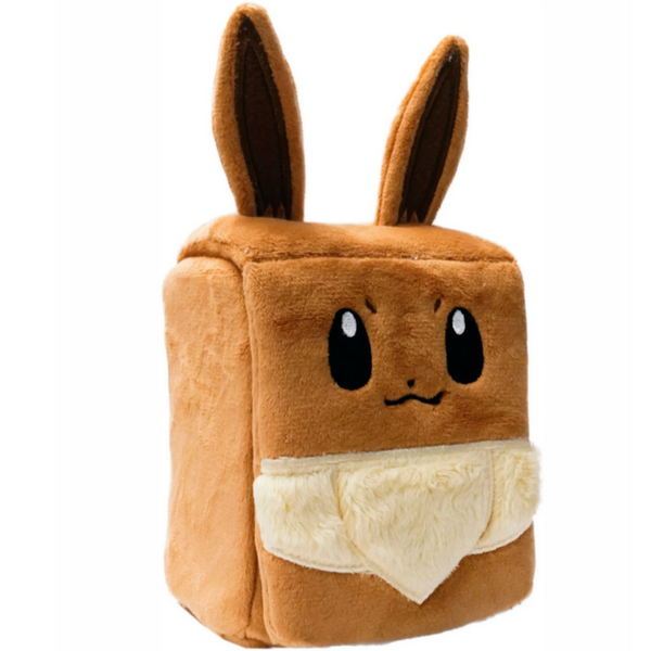 Caja de coleccionista de peluche suave con forma cuadrada de Eevee color café y detalles de felpa crema.