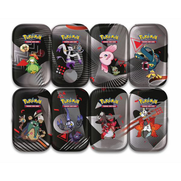 Ocho mini latas metálicas Pokémon con diseños de personajes coloridos sobre fondos negros y geométricos.