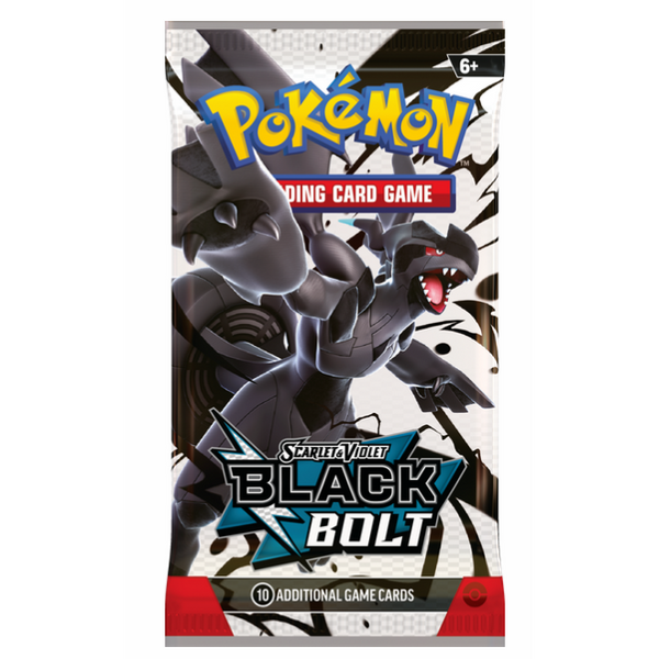 Sobre de cartas Pokémon Black Bolt con el legendario Zekrom negro sobre fondo blanco y detalles en rojo.