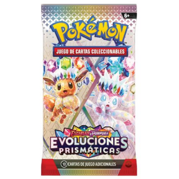 Sobre sellado de Pokémon Evoluciones Prismáticas con diseño brillante, Eevee y Sylveon, conteniendo 10 cartas coleccionables.