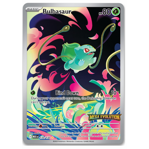 Carta Pokémon de Bulbasaur con diseño artístico colorido, fondo oscuro y logo Mega Evolution en una tarjeta coleccionable.