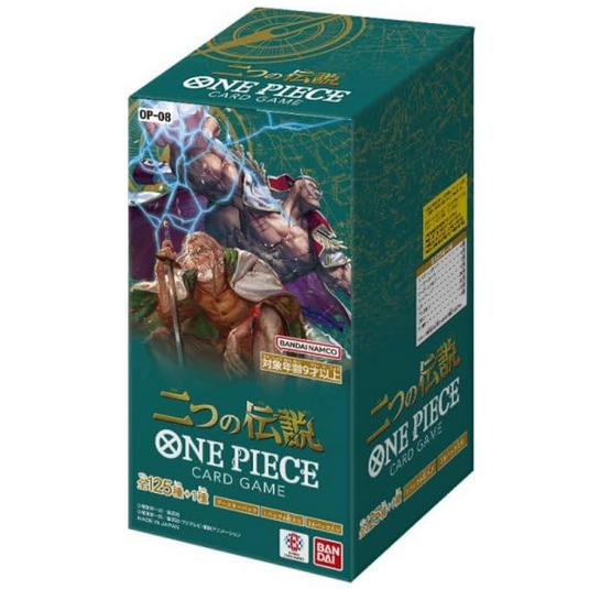 Caja de 24 sobres One Piece TCG OP-08 Two Legends con ilustraciones de Gol D. Roger y Barbablanca en tonos verdes.