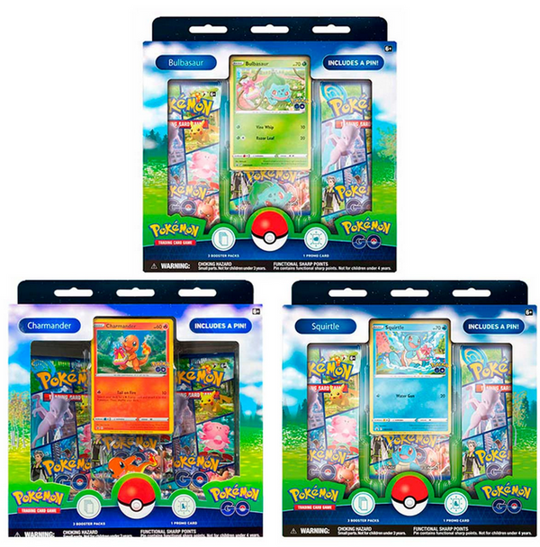 Caja Pin Pokémon GO con carta holográfica, tres sobres de expansión y un pin coleccionable de Bulbasaur, Charmander o Squirtle.