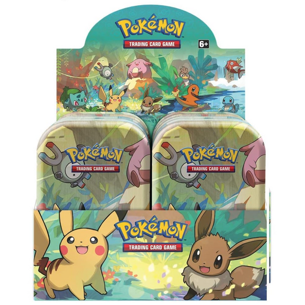 Expositor con mini latas metálicas de Pokémon Kanto Friends decoradas con ilustraciones de Pikachu, Eevee y otros personajes.