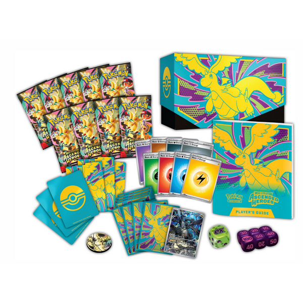 Caja ETB Héroes Ascendentes con sobres, guía, fundas coloridas, contadores de daño, moneda y carta promocional de Pokémon.