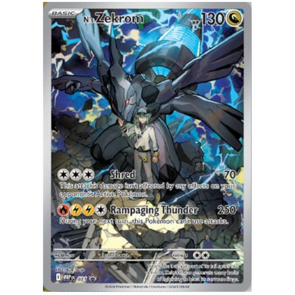 Carta Pokémon N's Zekrom con ilustración completa, mostrando al personaje N junto al legendario dragón eléctrico oscuro.
