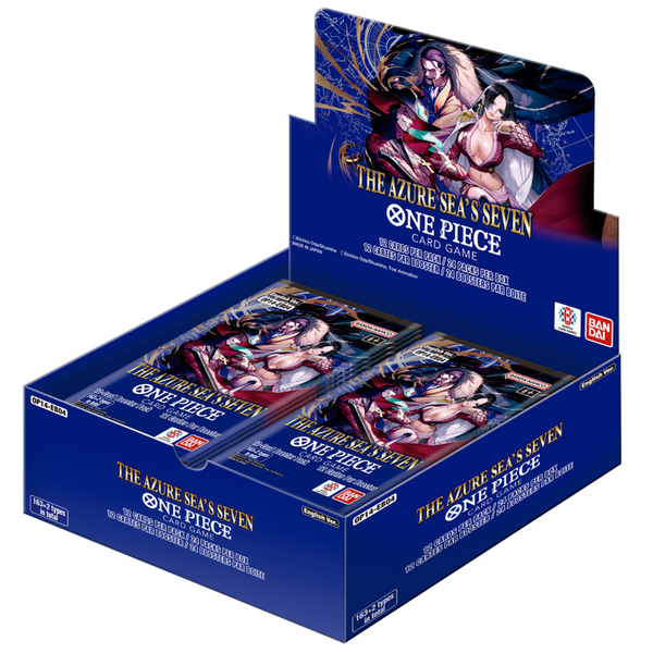 Caja de sobres One Piece Card Game OP-14 The Azure Sea's Seven con diseño azul y personajes de la serie en los paquetes.