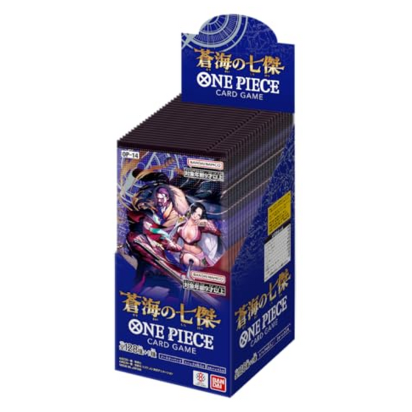 Caja de sobres One Piece Card Game OP-14 The Azure Sea's Seven con diseño azul y personajes de la serie.