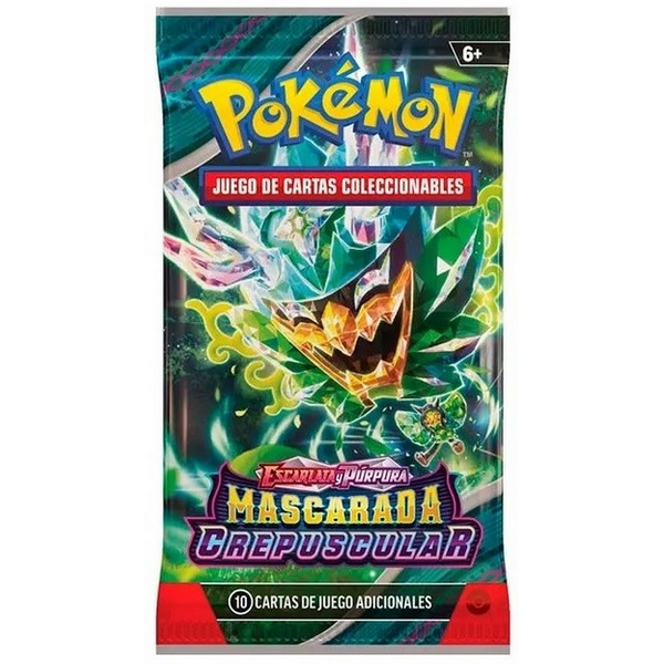 Sobre de cartas Pokémon Escarlata y Púrpura Mascarada Crepuscular con Ogerpon en tonos verdes y detalles cristalinos.