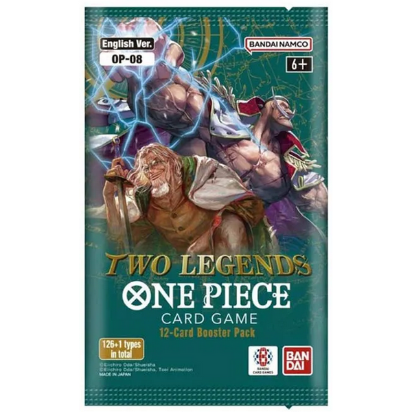 Sobre de cartas One Piece TCG OP-08 Two Legends con ilustraciones de Gol D. Roger y Barbablanca en fondo verde.
