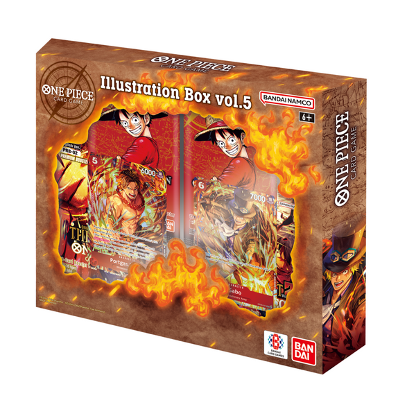 Caja de cartas One Piece Illustration Box Vol.5 con diseño de fuego, sobres y cartas promocionales de Ace y Sabo.