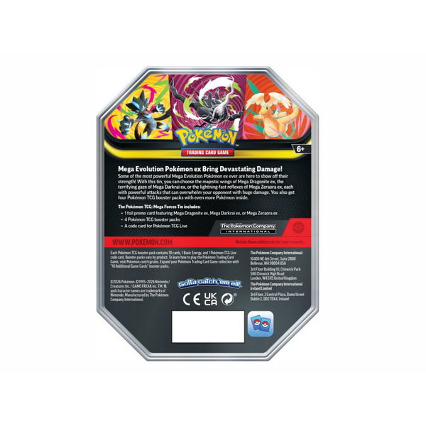 Parte posterior de la lata metálica Pokémon Mega Dragonite ex con ilustraciones de Zeraora, Darkrai y Dragonite.