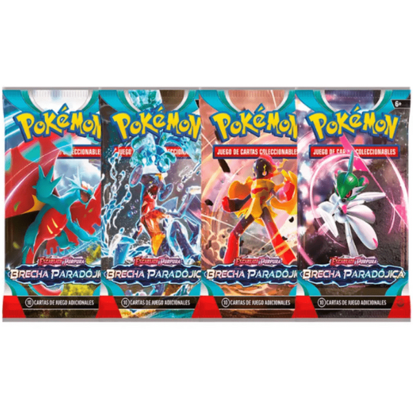 Cuatro sobres de cartas Pokémon Brecha Paradójica con ilustraciones coloridas de Pokémon ex sobre fondos dinámicos.
