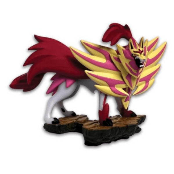 Figura coleccionable de Zamazenta Shiny en tonos rojos y amarillos sobre una base rocosa de la expansión Cenit Supremo.