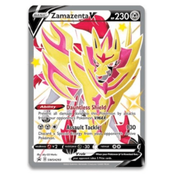 Carta coleccionable Zamazenta V Shiny de Pokémon con diseño brillante, colores amarillo y magenta y detalles metálicos.