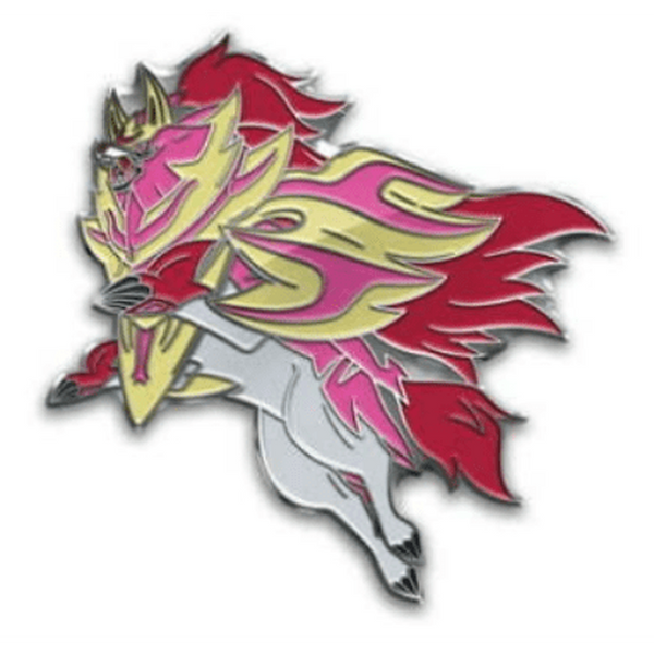 Pin metálico de Zamazenta Shiny con detalles en rosa, amarillo y rojo sobre fondo blanco.